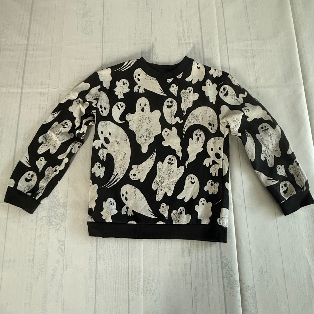 H&M Kids Ghost Print Sweatshirt Black White Halloween Crewneck Pullover 6x/7 NWT